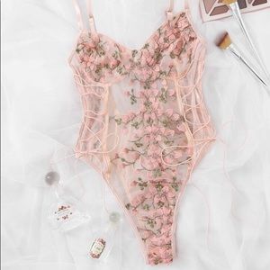 Floral Embroidered Mesh Lace-Up Teddy Bodysuit